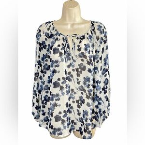 Joie M Blue White Floral Silk Chiffon Tunic Semi Sheer Blouse Shirt 3/4 Sleeve